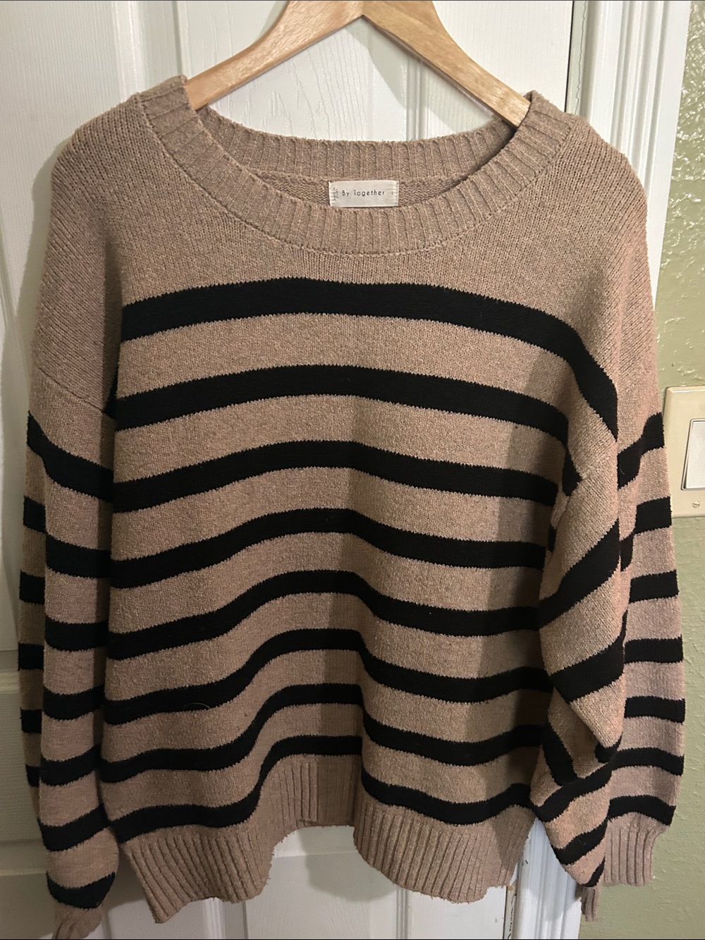 By Together Beige and Black Striped Scoop Neck Sweater